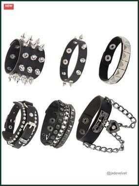 6pc PU Leather Studded Spike Rivet Cuff Bracelet Set Punk Goth Wristband